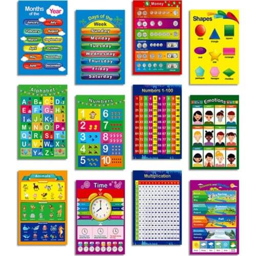 12 Pcs /set Children Education Poster Letter Shape Number Month Weather Season Animal Kindergarten Classroom Hanging Pictur