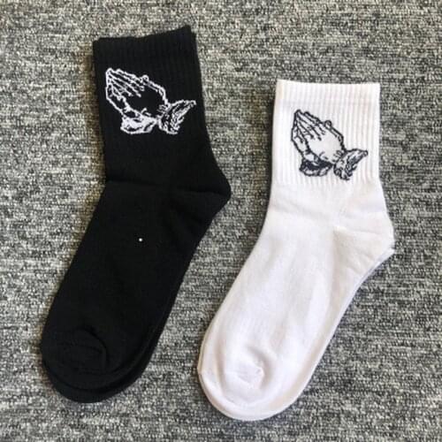 White socks Fashion skate cotton crew socks gesture pattern for men women hip hop funny novelty black white socks gifts for men