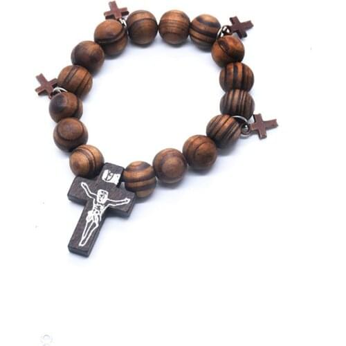 Mens Christian Jesus Cross Bracelets Elastic Black/Brown Wooden Beads Chain Bracelet Church Religious Car Hangings Jewelry