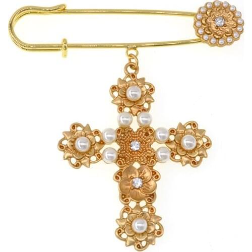 Elegant Crystal Rhinestones Big Cross Brooch Pins Girls Crystals Cross Flower Brooches Women Baroque Vintage Retro Brooch