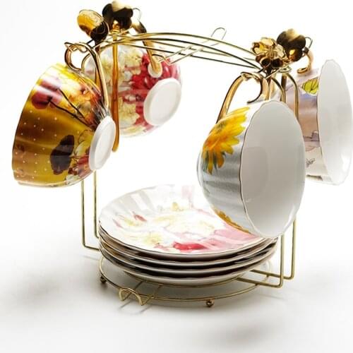 European Luxury Ceramic Coffee Cup Set Pastoral Floral Porcelain Tea Drinkware Wedding Gifts