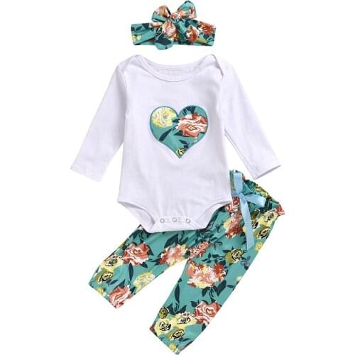 3PCS Newborn Baby Girl Clothes Romper + Long Pants + Headband Outfits Set Cotton Newborn Toddlers Cute Baby Clothes Set