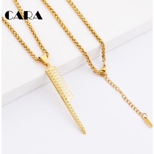 CARA New Arrival Gold stylish 316L stainless steel men necklace Barber comb necklace pendant men hip hop long necklace CAGF0266