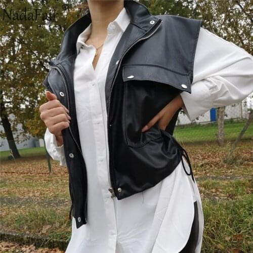 Nadafair Black Pu Leather Sleeveless Jackets Women Street Wear Outfits 2021 Autumn Fashion Drawstring Zip Up Short Coats Femme