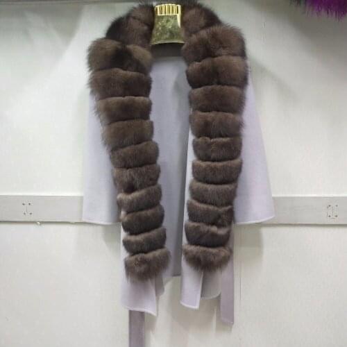 New brand double-faced wool blend natural fox fur jacket with belt leather ladies jacket new womens fox fur jacket