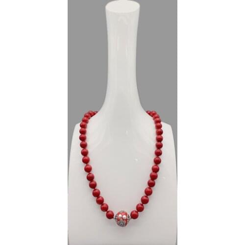 FoLisaUnique 10mm Red Coral Necklace For Women Antique Silver Red Bead 18mm Enamel Ball Casual Choker Jewelry Gift 18 Inch