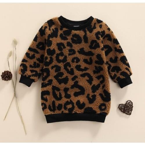 Toddler Girls Sweatshirt Dress Leopard Print Fleece-lined O Neck Long Sleeve Casual Dresses Kids Spring Autumn Dress