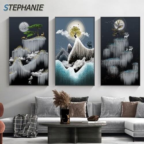 Scandinavian Forest Landscape Posters N Prints Gold Deer Moon Canvas Painting Wall Art Picture for Living Room Home Decoration