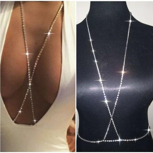 Sexy Lady Fashion Rhinestone Silver Plated Body Chains Jewelry Shiny Rhinestone Bra Bikini Chains Jewelry Bra Body Chains