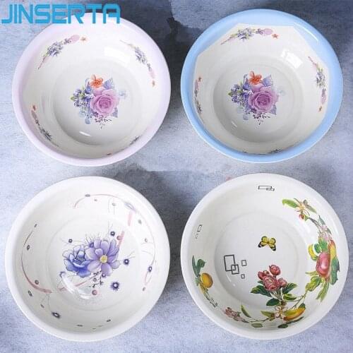JINSERTA Antique Enamel Bowl Heating Printing Basin Retro High Capacity Home Restaurant Kitchen Food Container Soup Pot