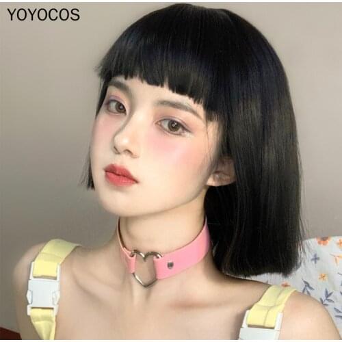 YOYOCOS Black Short Bob Hair Pink 30CM Bangs Female Daily Wig Anime Heat Resistant Sythentic Hair Cosplay Party Festival Wigs