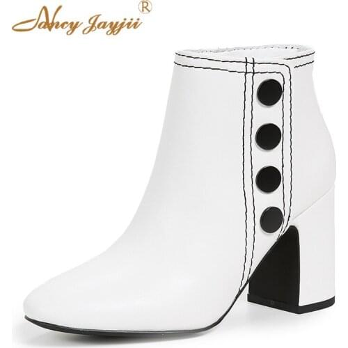Polyurethane White Soft Leather Ankle Boots Fashion Buckle Female Shoes Casual Chunky Heels Super High 2021 Winter Size 42 43 45