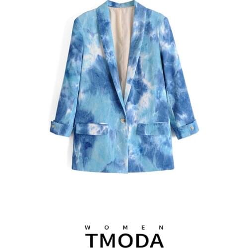 TMODA436 Women 2020 Fashion Tie-dye Print Corduroy Blue Blazer Coat Vintage Long Sleeve Pockets Female Outerwear Chic Tops