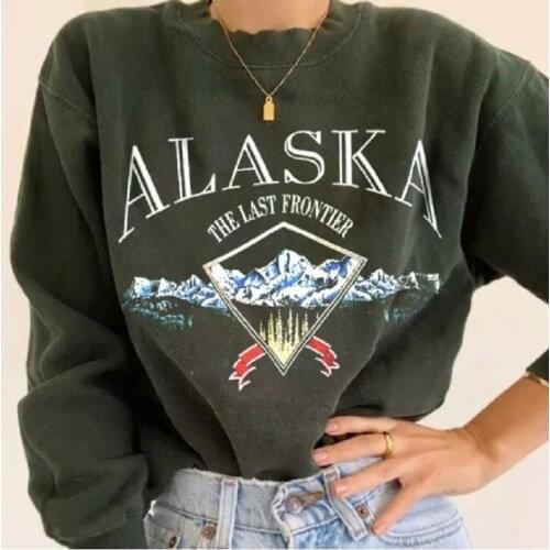 American Alaska Mountain Print Brand Oversized Sweatshirt Women Vintage Army Green Loose O Neck Pullover Soft Casual Winter Tops