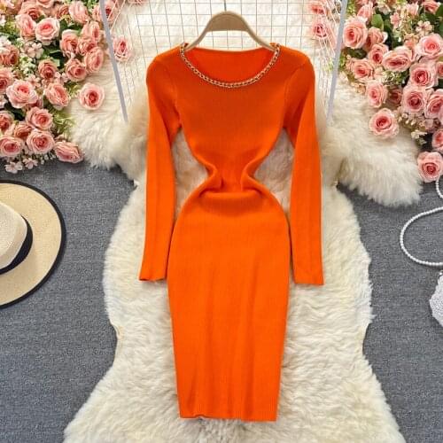 SINGREINY Women Korean Knitted Dress Long Sleeve O Neck Elastic Slim Pencil Dresses Autumn Sexy Bodycon Streetwear Sweater Dress