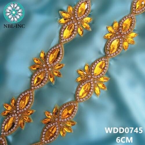 10 YARDS )Wholesale hand beaded sewing gold crystal glass rhinestone applique trim iron on for dresses WDD0745