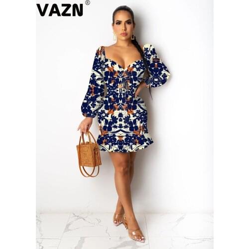 VAZN 2020 Autumn High Quality Sexy Print Elegant Young Daily Style Strapless Full Sleeve High Waist Women Thin Mini Dress
