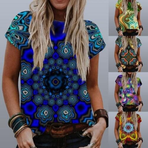 2021 Summer Women Casual Fashion Tops Lady Loose Round Neck Color Printing Clothes Female Plus Size Basic Short Sleeve Shirt