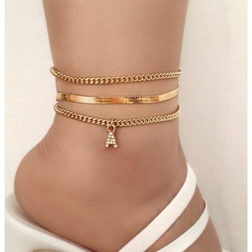 3Pcs /Set 2021 Minimalism Golded Metal Chain Anklets For Women Crystal Letter Charm Foot Chain Ankle Bracelets Jewelry Wholesale