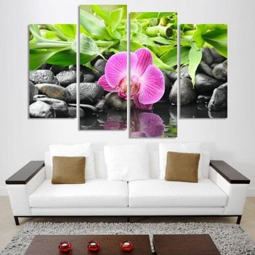 4 Panel Wall Art Botanical Green Feng Shui Orchid Oil Painting On Canvas Quartz crystal Abstract Paintings modular pictures