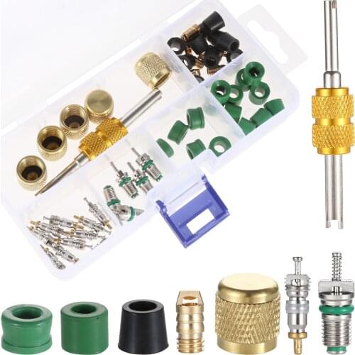 56PCS R134a R22 R410 Valve Core/Hose Gaskets/Valve/Brass Nut/R134a R22 R410 Refrigeration Valve Core Remover Installer Kit