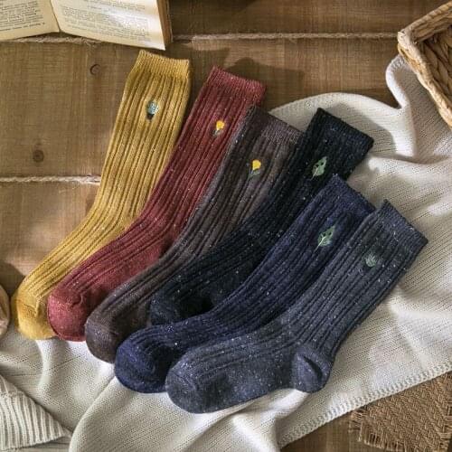 6 Pairs/Lot Solid High Quality Cotton Socks Women Embroidery Flower Leaves Harajuku Double Needles Knitting Retro Sox Set Female