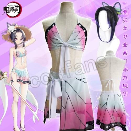 Anime Kochou Shinobu Swimming Suit Demon Slayer Swimsuit Cos Kimetsu no Yaiba Shinobu Summer Swimwear anime Cosplay Outfits Wig