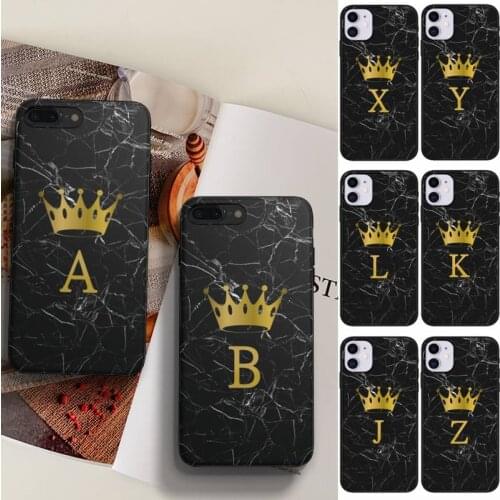 Letter Monogram Black Marble Gold Crown Phone Case Fundas Shell Cover For Iphone 6 6s 7 8 Plus Xr X Xs 11 12 13 Mini Pro Max