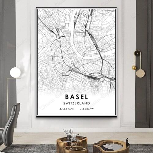 Black and White Switzerland City Map The Basel City Map Poster HD Print Wall Art Canvas Nordic Landscape Painting For Home Decor