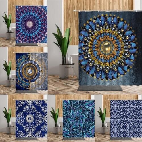 Indian Bohemian Shower Curtain Blue Mandala Flower Geometric Fabric Bathroom Decoration Wall Hanging Living Room Home Curtains