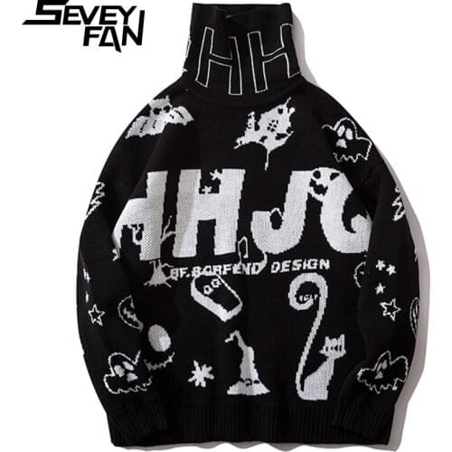 SEVEYFAN Mens Funny Cartoon Letters Jacquard Sweaters Black Loose Turtleneck Kintwear Hip Hop Pullover Sweater for Couples