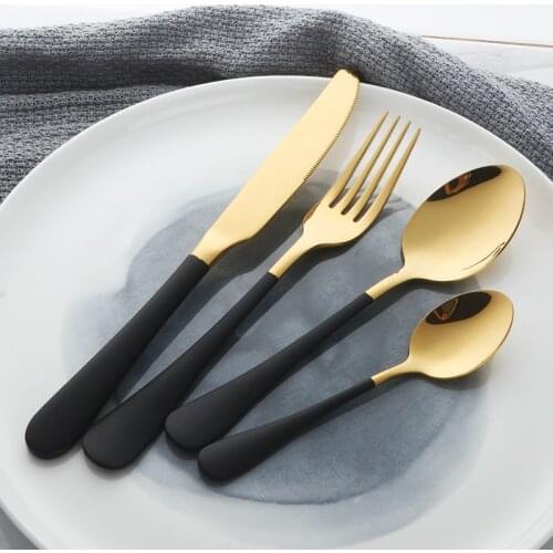 4PCS Flatware Set Stainless Steel 18/10 Western White Gold Dinnerware Black Handle Cutleries Set Dinner Knife Dinner Fork