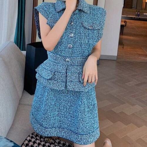 New arrival spring small fragrance tweed dress women lapel short sleeve slim a-line party dress