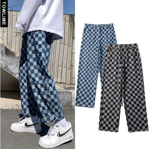 New 2021 Harajuku Mens Stylish Plaid Jeans Japanese Streetwear Hip Hop Couple Wide Leg Loose Casual Denim Jean Pants