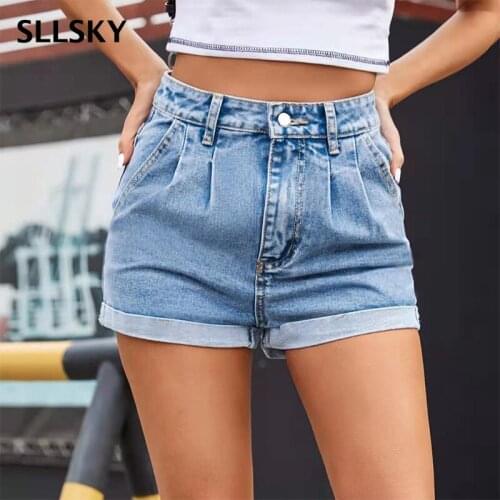 Sllsky Casual Fashion loose Solid Button Pocket Zipper Pants Placket Blue Denim 2021 Summer New Washed High Waist Shorts