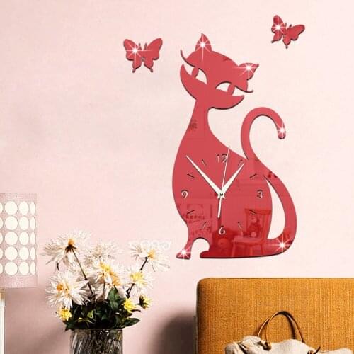 Romantic Cat Self Adhesive Quartz Wall Clock Fancy Acrylic Horloge Mural Butterfly 3D Home Decor Watch Cute Babys Room Stickers