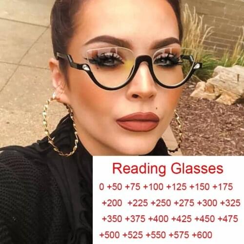 Luxury Brand Half Frame Cat Eye Reading Glasses Women Anti Blue Light Prescription Glasses Farsightedness Wearglass +1.5 +2.5