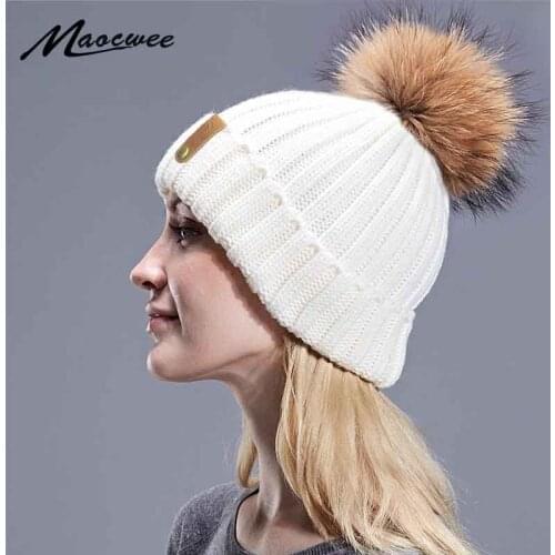 Parent-child Real Fur Pompon Skullies Beanie Hat Winter Knitted Warm Thick Beanies For Women And Child Solid Crochet Slouch Caps