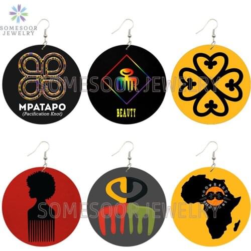 SOMESOOR African Tribal Adinkra Symbol Printed Wooden Drop Earrings Afro Natural Hair Retro NYAME Dangle Jewelry For Women Gifts
