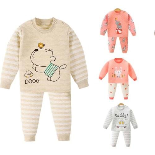 Childrens thermal underwear set autumn and winter thickening three-layer quilted baby high waist belly thickening