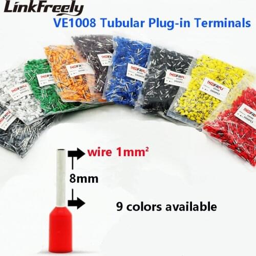 1000pcs VE1008 E1008 Tubular Insulated Electrical Wire Terminal Connector Faston Cable Heat Shrink Splice Terminal Crimp Pin