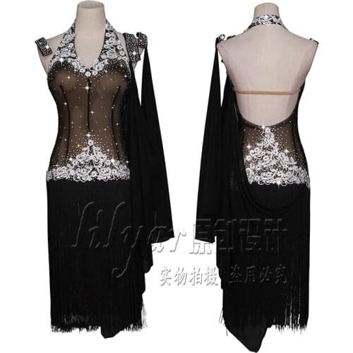 Customized Latin fringed skirt, slim figure, thin lace embroidered diamond dress, elegant performance dress