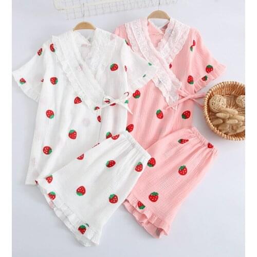 Ladies Strawberry Print Cotton Sleepwear Summer New Loose 2PCS Pajamas Suit Short Sleeve Kimono Home Wear Lace Trim Nightwear