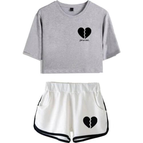Women Summer 2 Piece Outfit Short Sleeve Crop Top T-Shirt Dolphin Shorts Broken Heart Printed Internet Celebrity Fans Gift Track