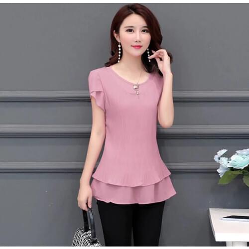 Women Spring Summer Style Chiffon Blouses Shirts Lady Casual Short Sleeve Solid Color O-Neck Blusas Tops DF2646