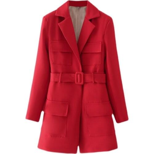 2021 Autumn Solid Woman Red Blazer Single-breasted Elegant Defined Waist Autumn Ladies Coat