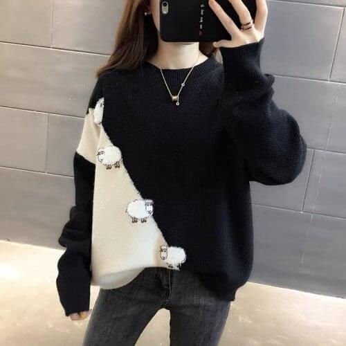 Women Sweater 2020 Autumn New In Cute Sheep Color Block Embroidery Pullovers Female Long Sleeve Jumpers Patchwork Knitwears
