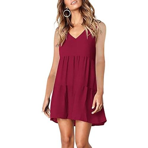 Womens Summer Fashion Plus Size Sleeveless V-Neck Dress Plain Solid Color Casual Loose Female Street Pullover Tunic Dress