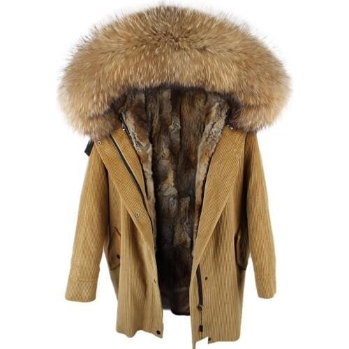 Winter Natural rabbit fur lining jacket coat Women parka fur coat Corduroy real raccoon fur collar warm Long parkas