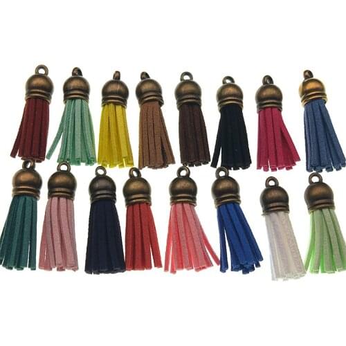 10pcs 39mm Suede Tassels Charm KeyChain Faux Suede Leather Tassel With Metal Bronze Cap for DIY Jewelry Making Materials Z1037